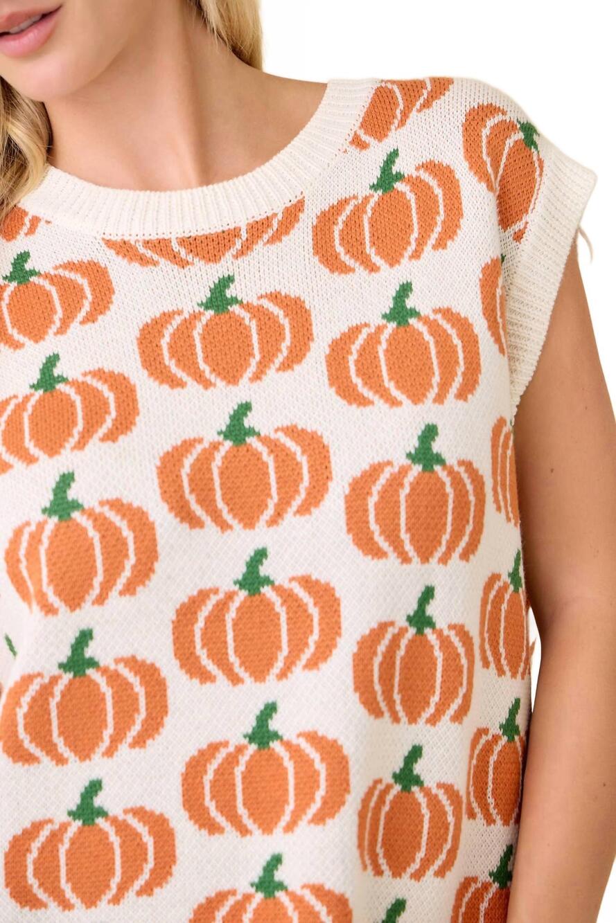 NEW MAIN STRIP pumpkin print sleeveless sweater knit top in ivory/orange - Picture 5 of 7